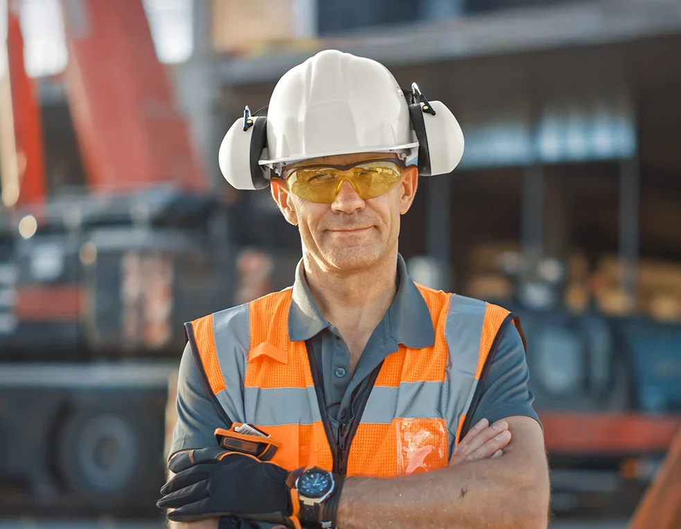 Construction worker wearing a white hard hat with earmuffs, yellow safety glasses and an orange reflective vest, standing with arms crossed in front of blurred heavy equipment at a construction site.