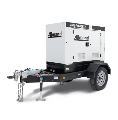 Allmand Maxi-Power 25 towable generator mounted on a single-axle black trailer.