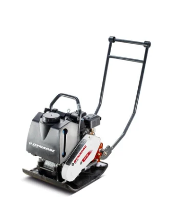 Dynapac walk-behind plate compactor with a flat black base plate, white side housing and tall tubular handle.