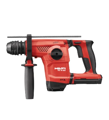 Red cordless Hilti rotary hammer drill with side handle, depth rod and pistol grip.