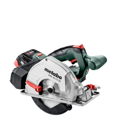 Cordless Metabo circular saw with a green-and-black handle, silver blade guard and exposed circular blade, attached battery pack and red safety accents on a white background.