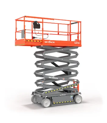 Orange Skyjack scissor lift with raised orange platform, grey crisscrossing scissor arms and wheeled base on a white background.