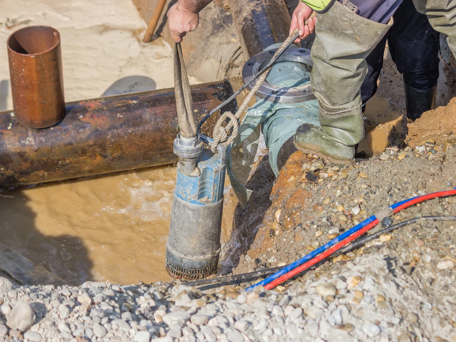 A worker in waterproof boots operates a blue submersible pump to remove water from a muddy construction site. Nearby, large rusted pipes and exposed red and blue cables are partially submerged in water.