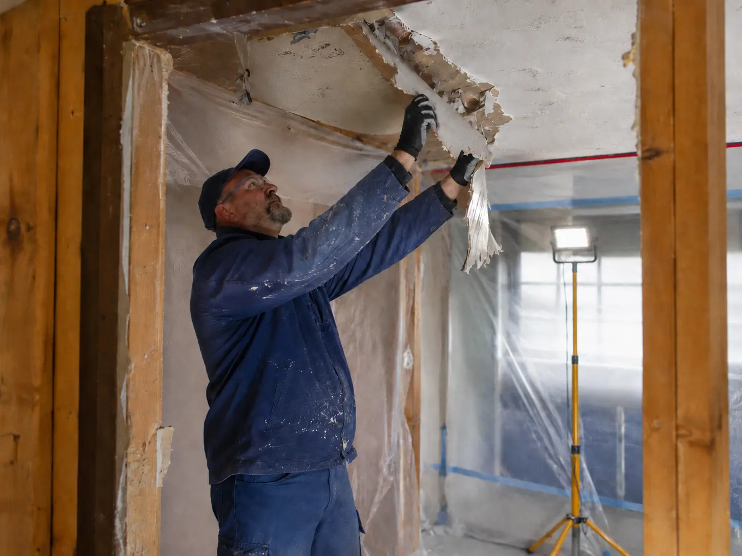 Disaster Restoration Crew removing damaged ceiling